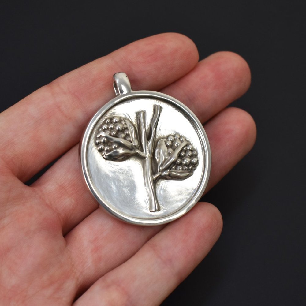 Large sterling silver round medalion, unusual massive cotton pendant